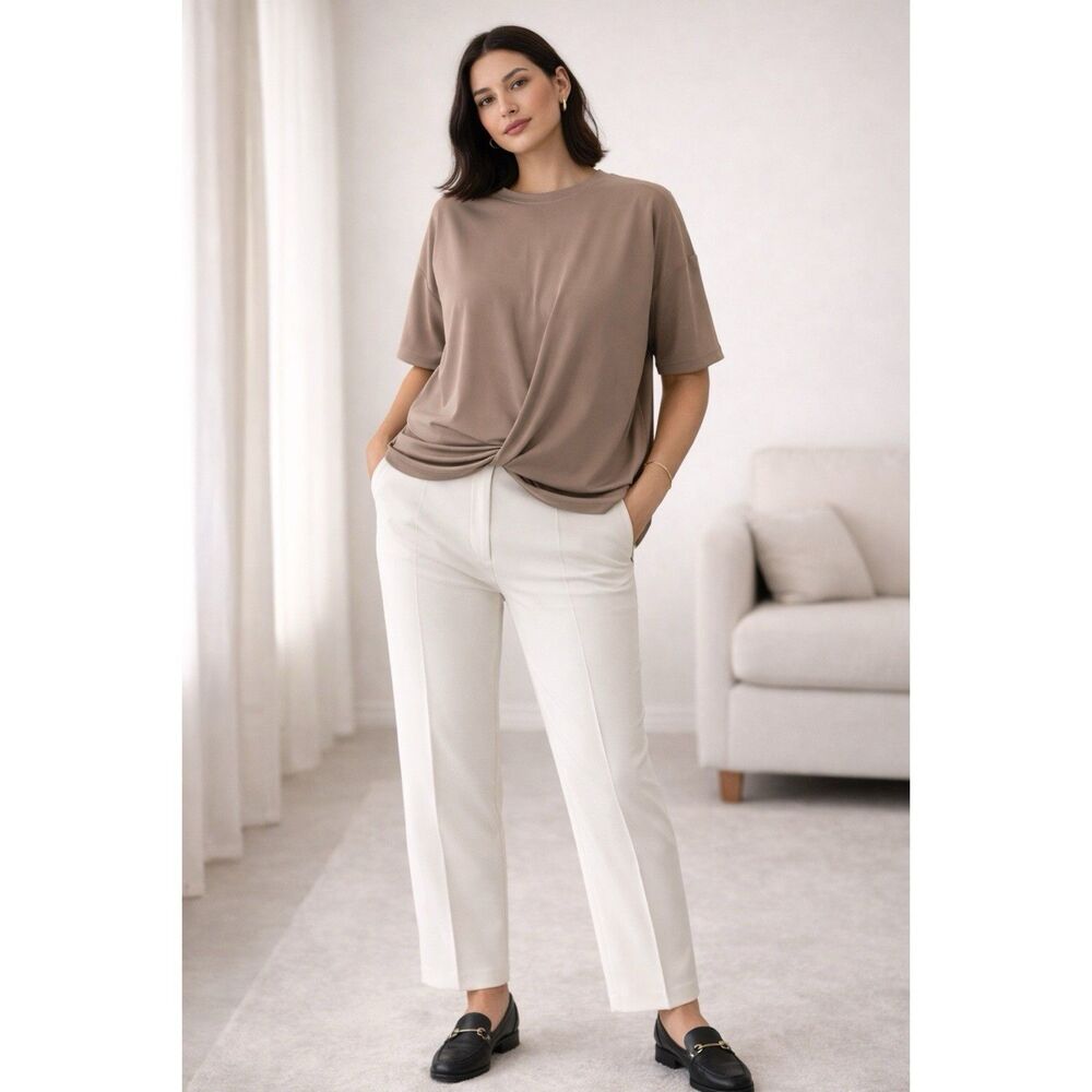 Sympli Size 4 Taupe Twist Front Short Sleeve Top Oversized‎ Made in Canada